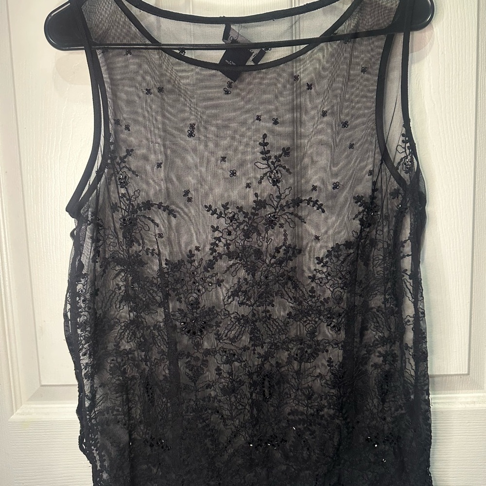 Ann Taylor Sheer Black Sheer Sleeveless Floral Embroidered Blouse Woman’s Size12 - Picture 2 of 6